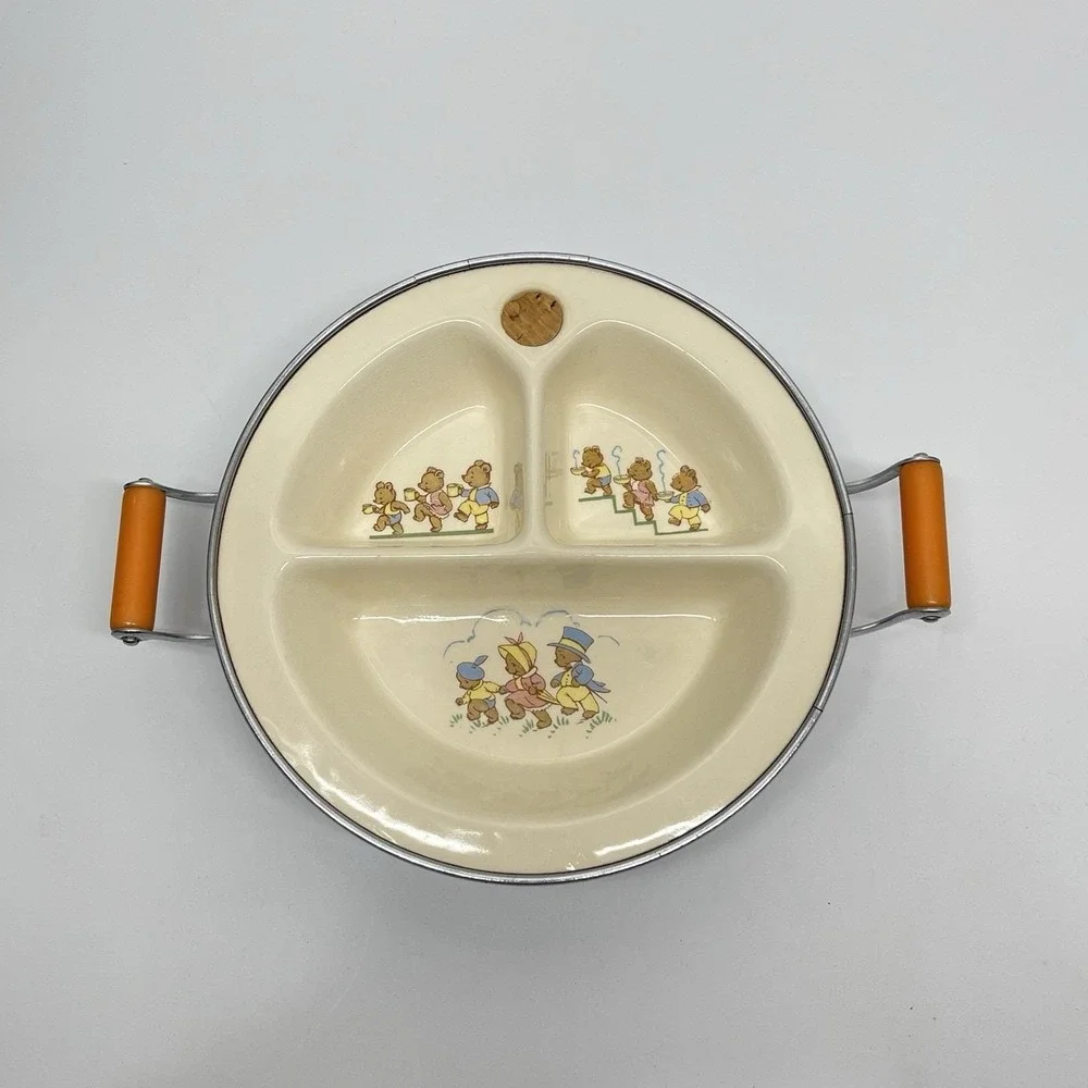 Vintage 1940s Excello Chromium‎ Baby Food Warming Dish Divided Bakelite Handles